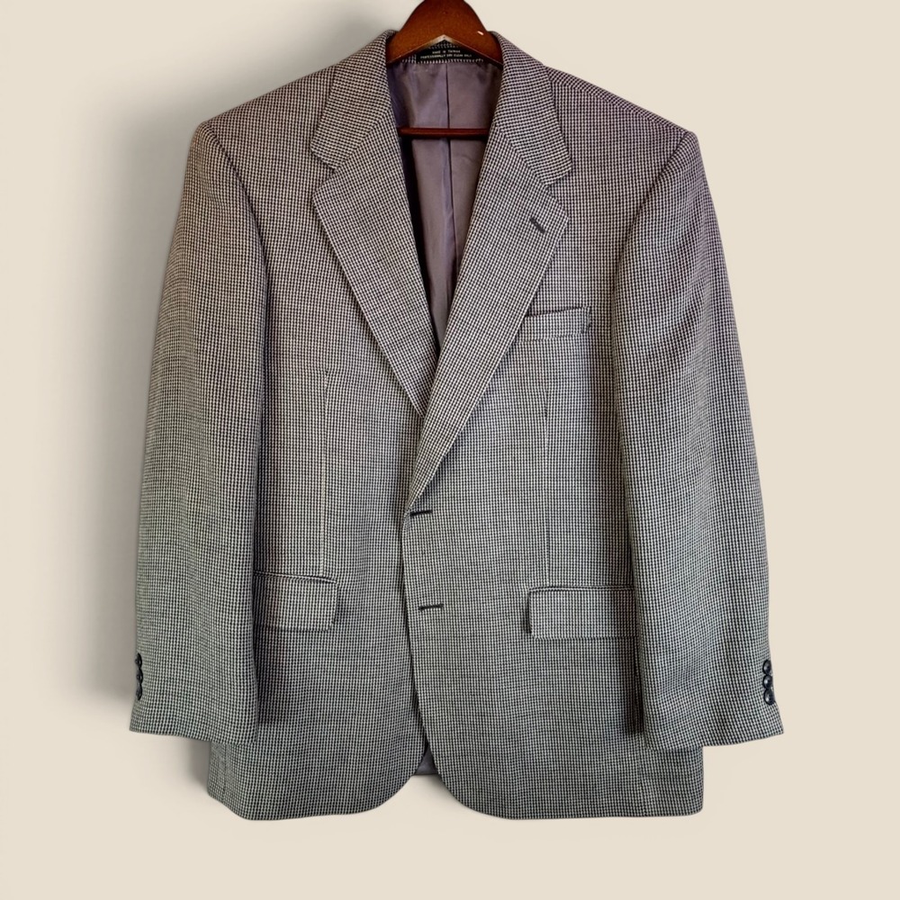 Vintage Houndstooth Blazer Tailors Row 41R Black White Silk Wool Sport Coat